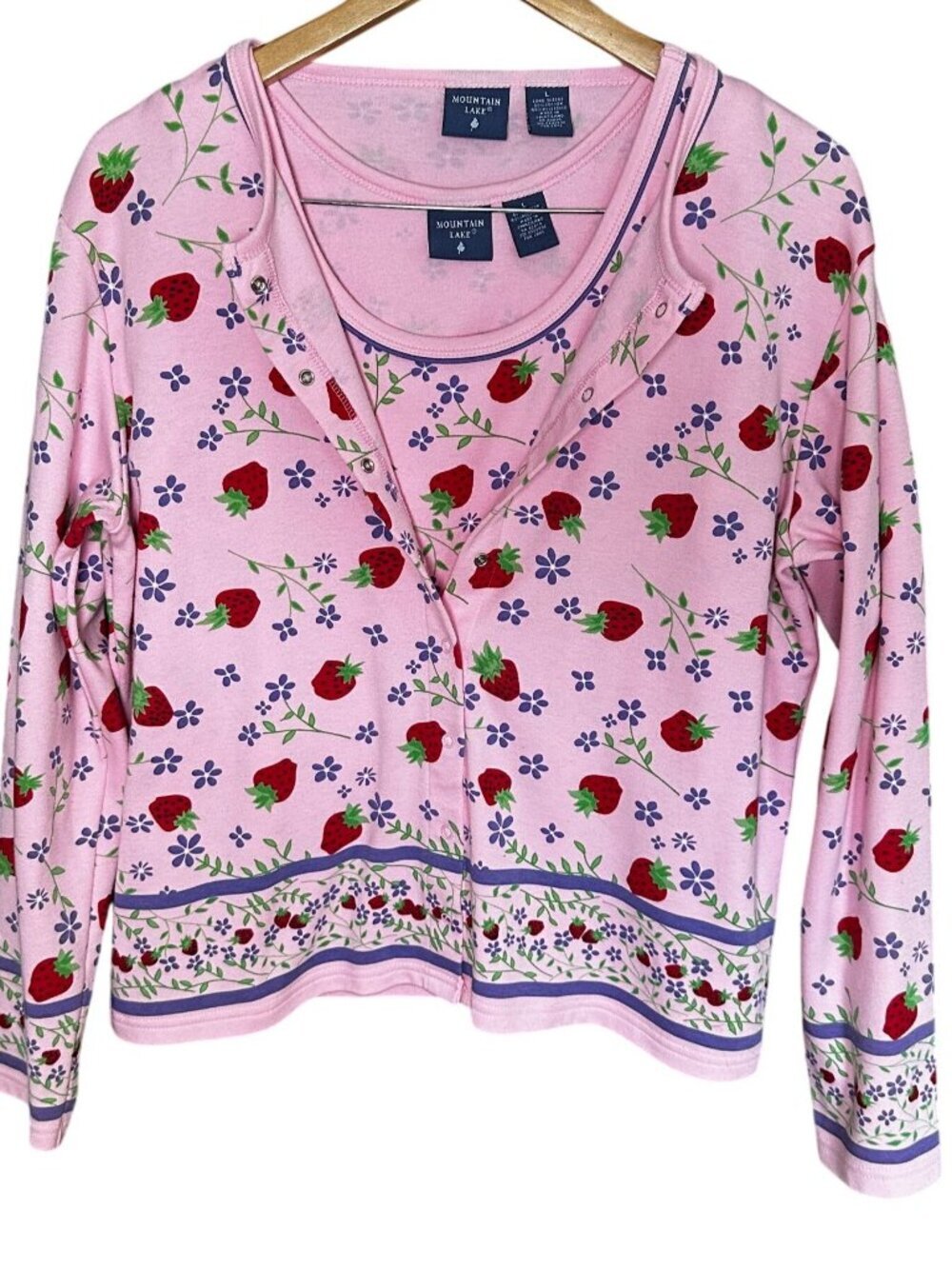 Mountain Lake Pink Strawberry Floral Twin Set Cardigan Tank Size Large Cotton